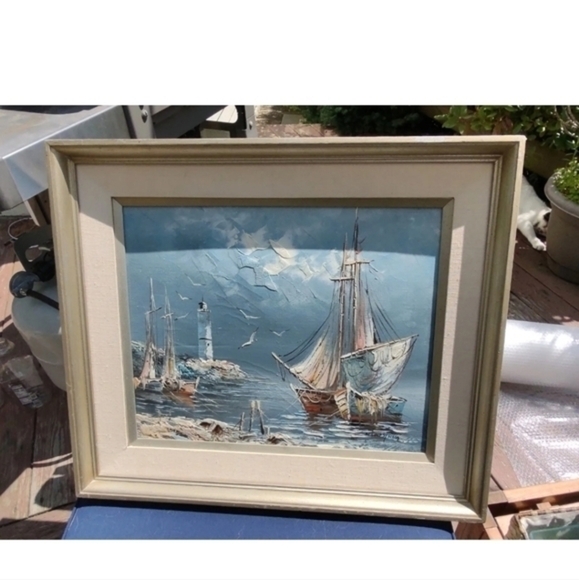 Vintage seascape oil painting, matted and framed by Rikard Lindstrom - Picture 4 of 10